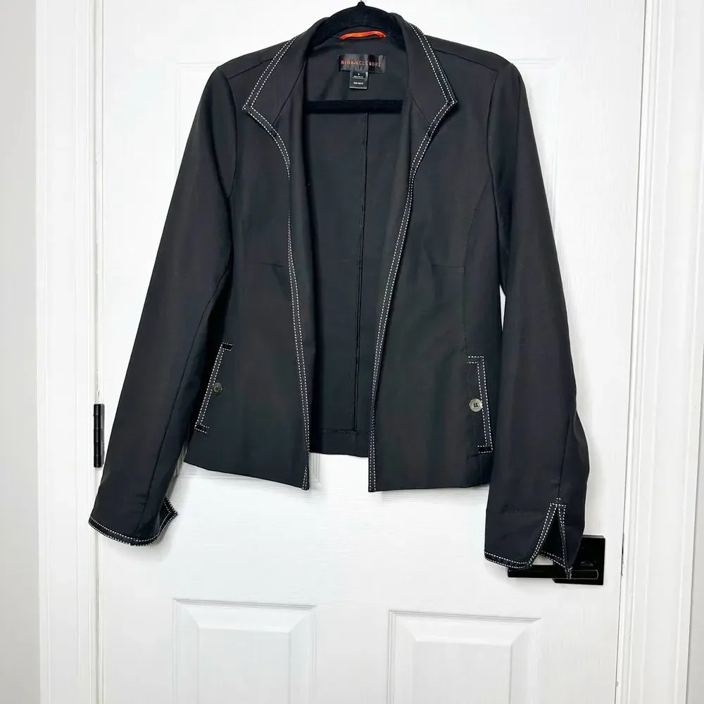 Nina McLemore Size‎ 8 Black Open Front Blazer Contrasting White Stitching